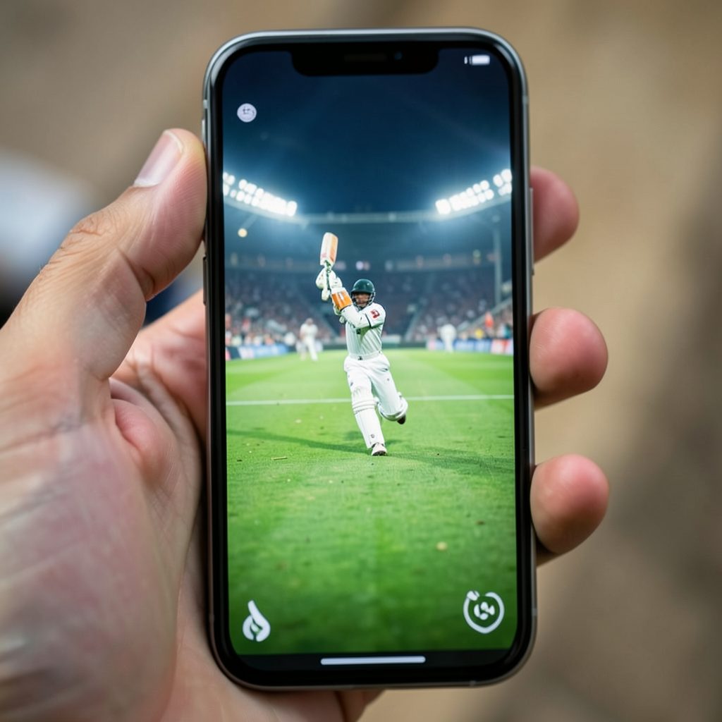 A close-up of a smartphone screen displaying a live cricket match with green field tones and bright stadium lights