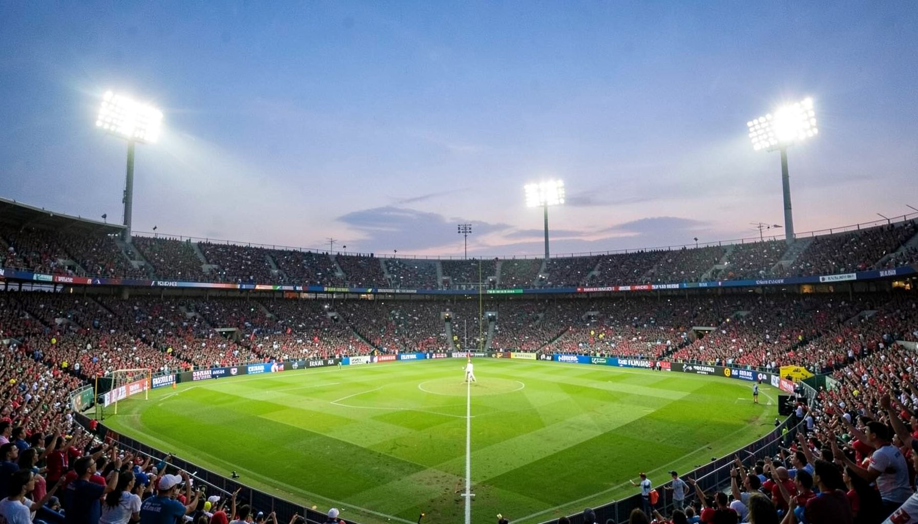 A cricket stadium at dusk with floodlights blazing and a packed crowd, capturing the energy of a live T20 match