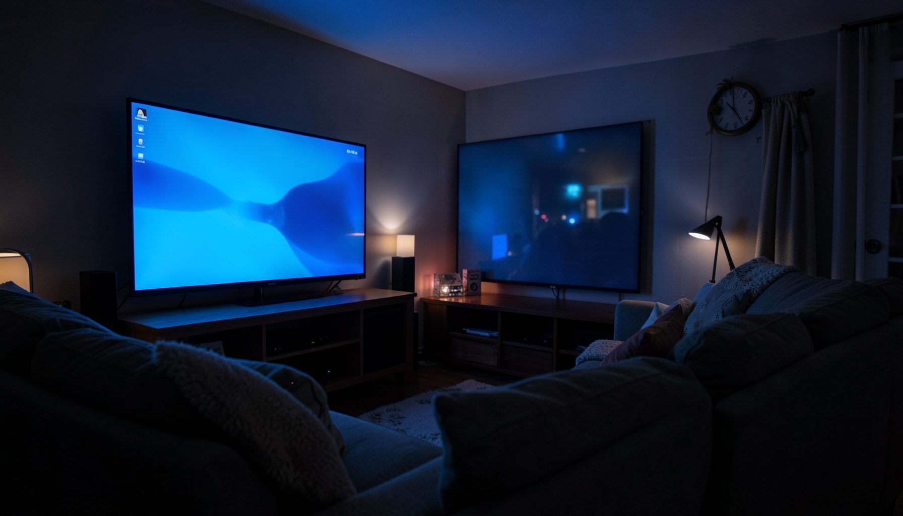 A dimly lit home entertainment setup with a large TV screen glowing in cool blue tones and a cozy sofa