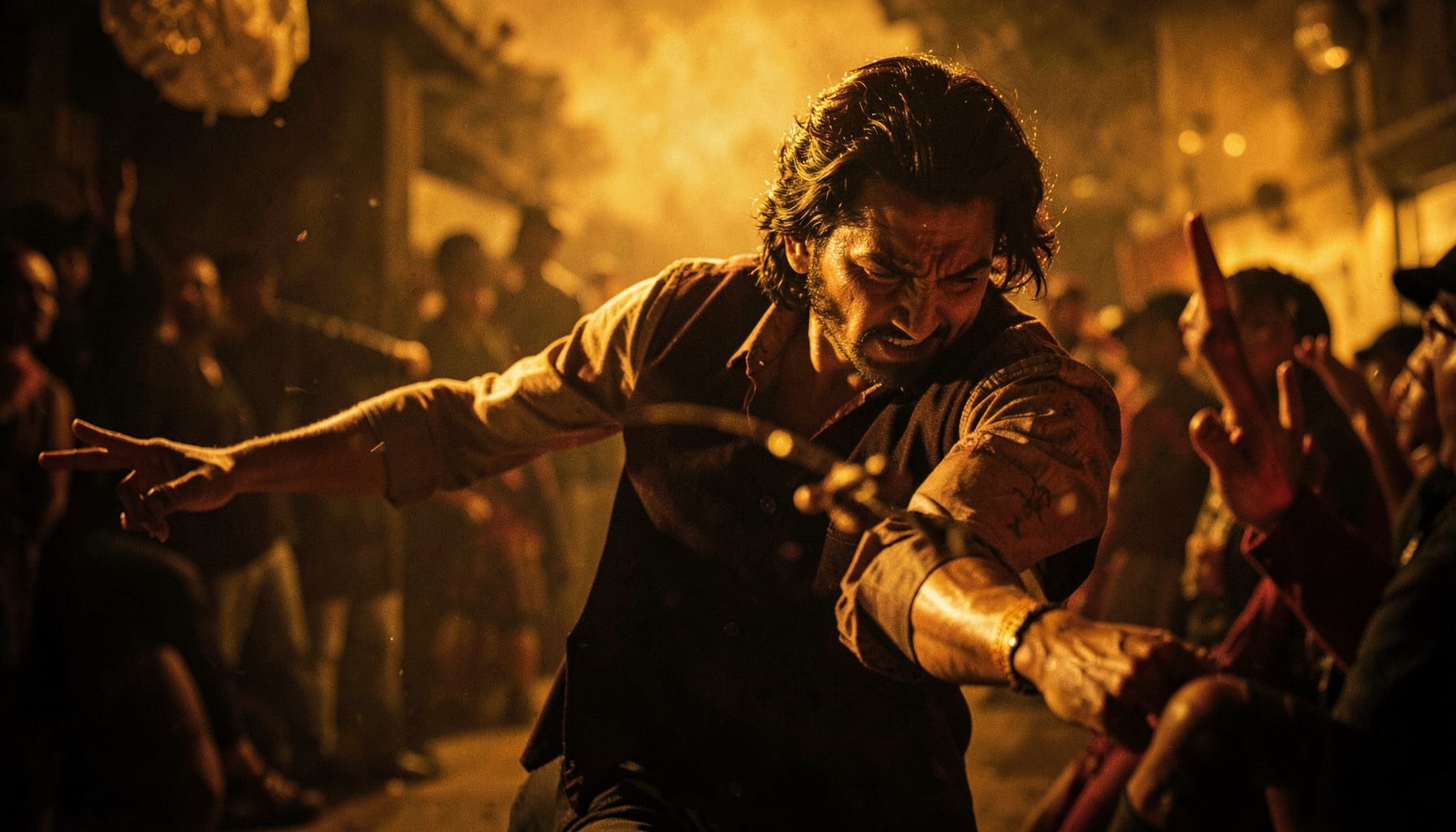 A dramatic movie scene with warm golden and deep shadow tones, suggesting Bollywood-style action and emotion