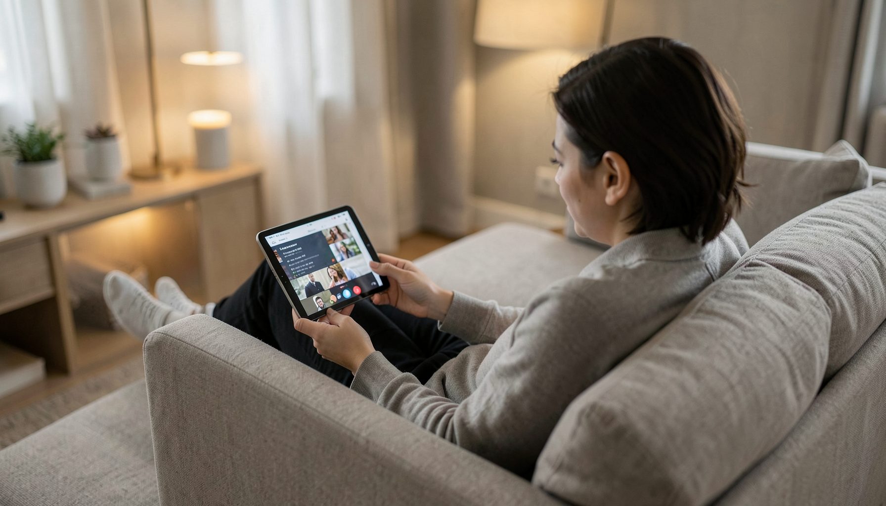 A person comfortably watching content on a tablet while seated on a modern sofa in a warmly lit living room with neutral tones