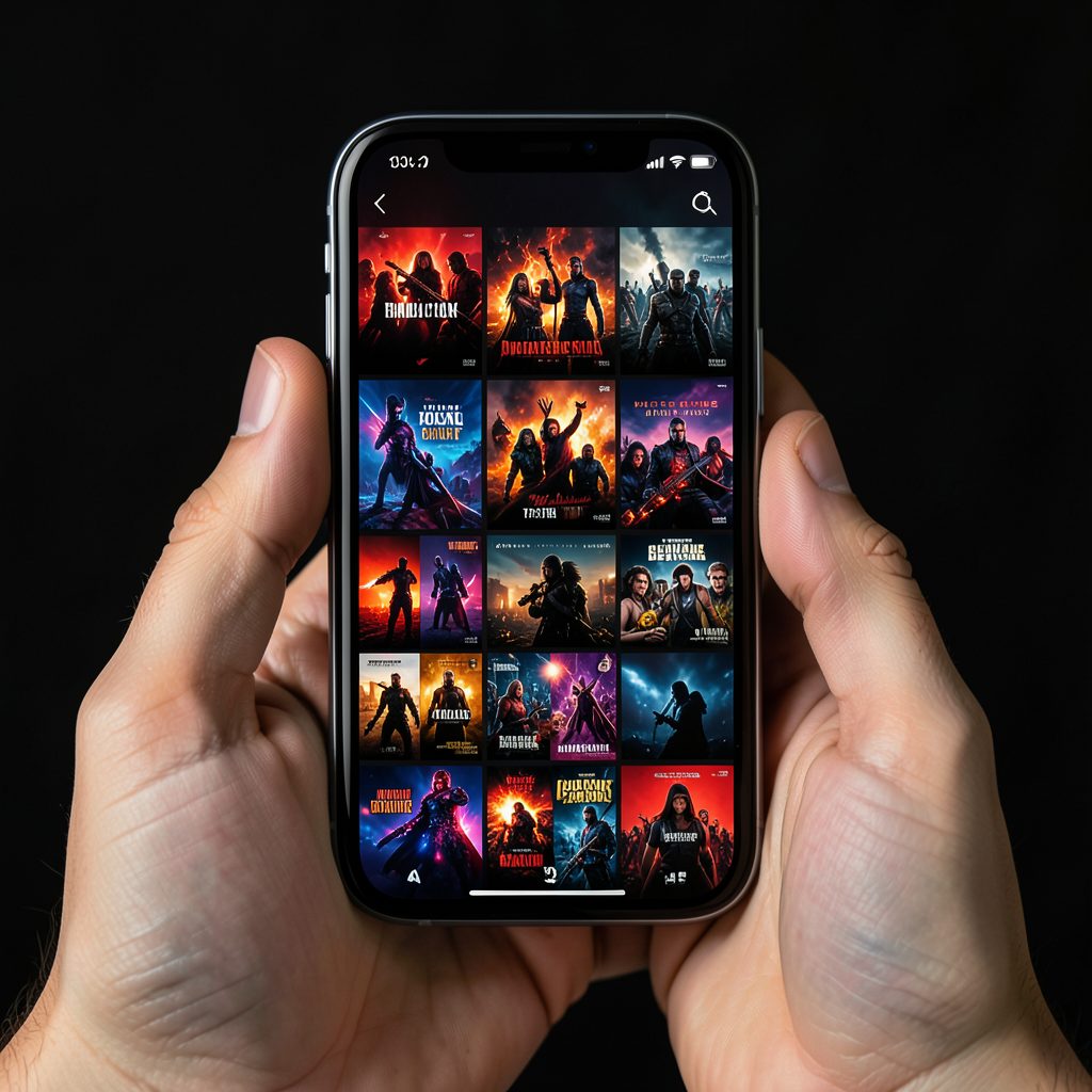A smartphone held in hands against a dark background, showing a colorful movie poster thumbnail grid with vibrant reds and blues