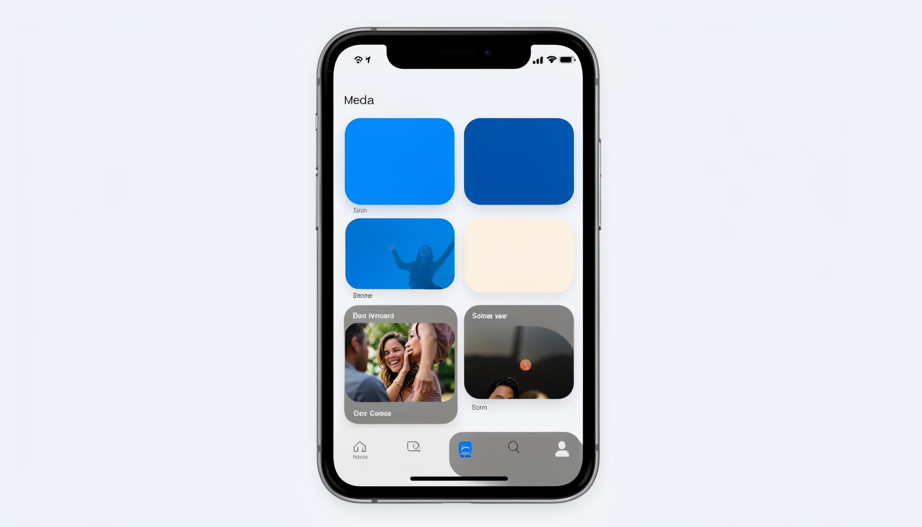 A smartphone interface showing a clean media app home screen with rounded thumbnail cards in blue and dark gray tones