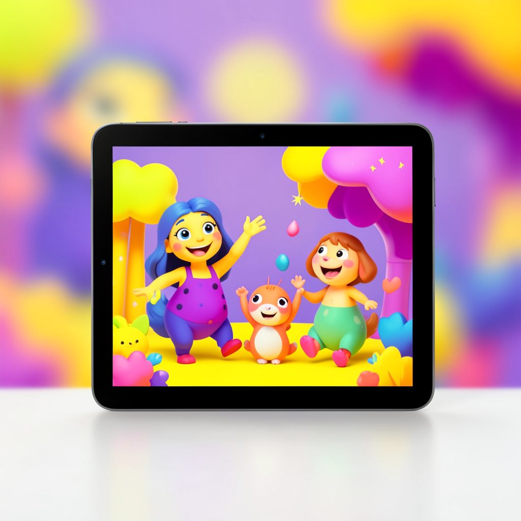 A tablet screen displaying colorful animated characters in a playful scene, with bright yellows and purples against a soft background
