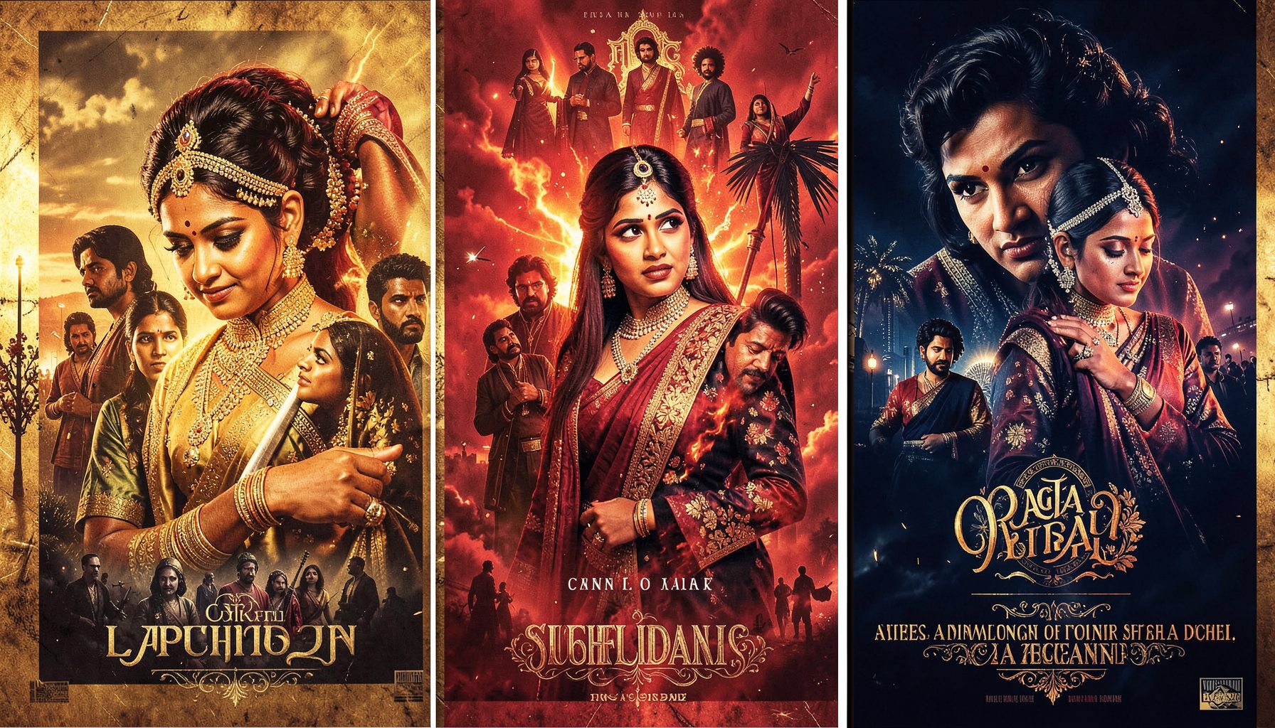 Bollywood-style collage with rich gold, red, and navy tones, evoking a lineup of dramatic film posters
