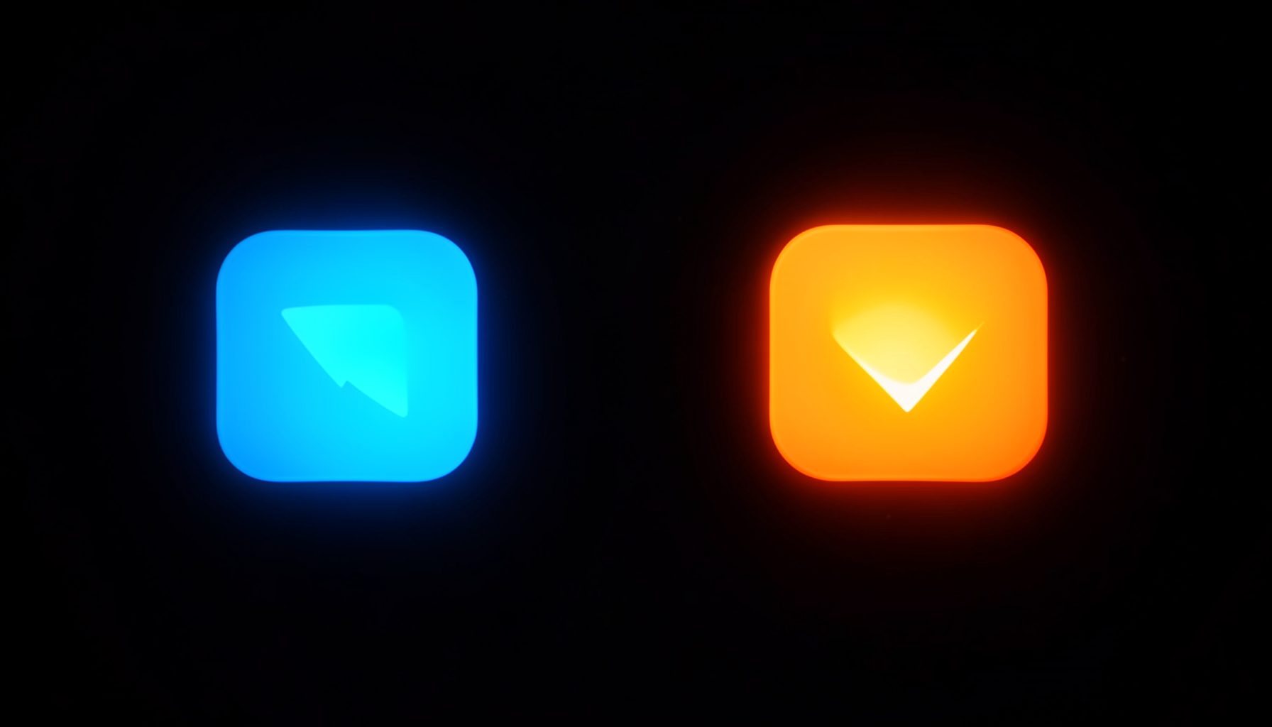 Dark background with two glowing app icons side by side, one blue and one orange, suggesting a versus comparison