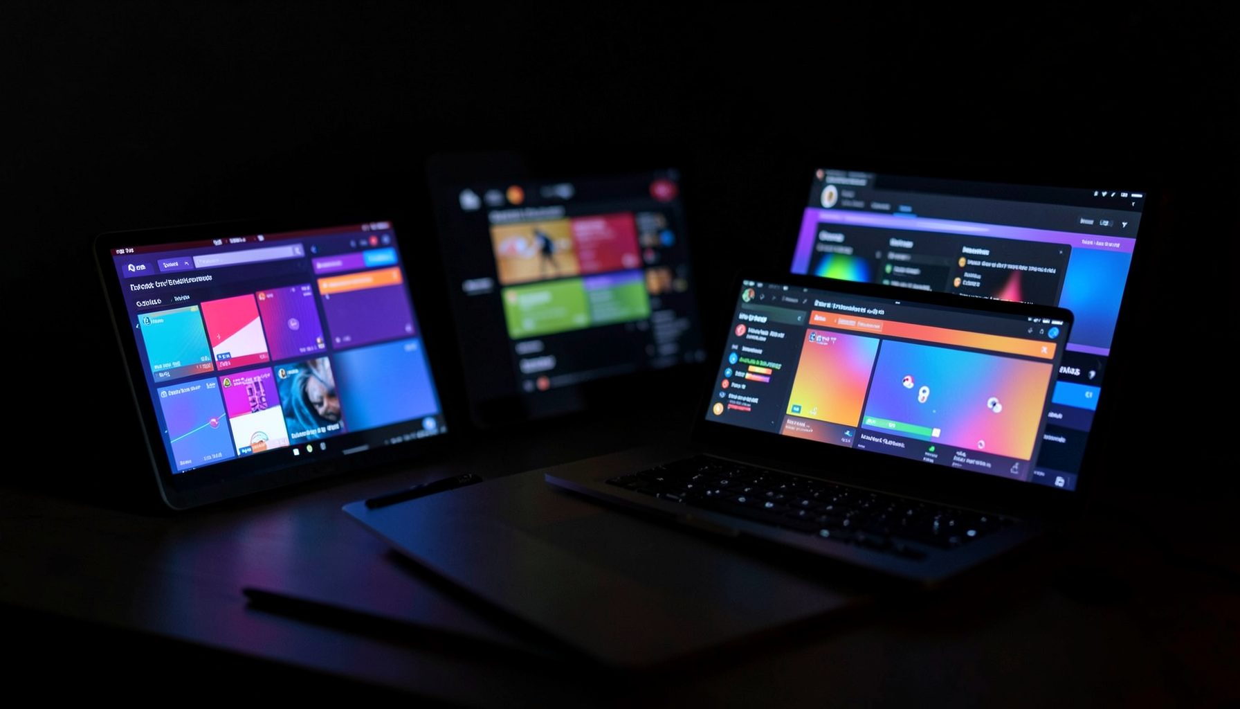 Multiple device screens glowing in a dark room — phone, tablet, and laptop — with colorful streaming interfaces