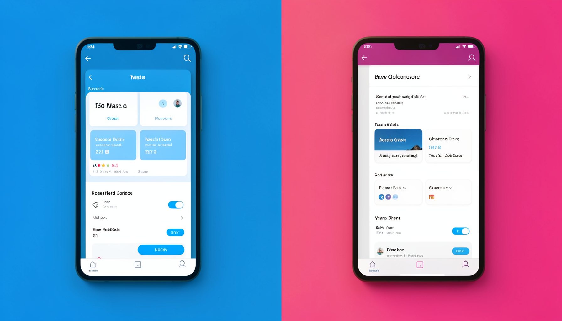 Split-screen comparison with cool blue and warm magenta halves, representing two competing app interfaces